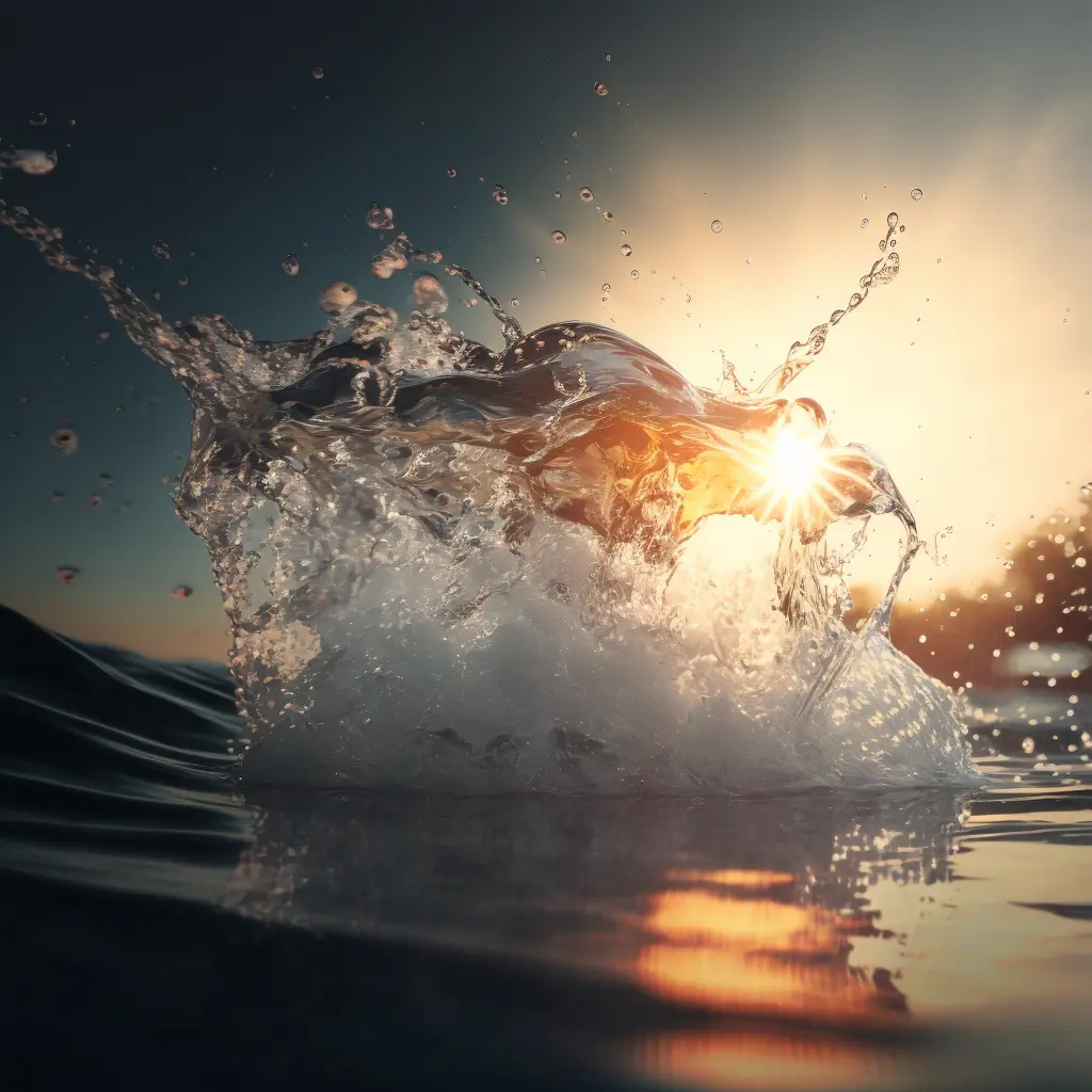 water splash, with sparkling, crisp radiant reflections, sunlight gleaming, Canon 35mm lens, hyperrealistic photography, style of unsplash